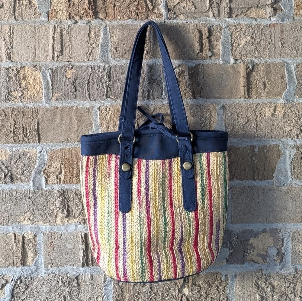 Vintage Y2K Lucky Brand Colorful Braided Straw Bucket Bag Tote Navy Blue